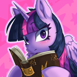 Size: 3000x3000 | Tagged: safe, artist:porcelanowyokular, twilight sparkle, alicorn, pony, g4, blushing, book, book of harmony, bust, cute, high res, looking at you, open mouth, pink background, portrait, reading, simple background, solo, stars, surprised, twiabetes, twilight sparkle (alicorn)
