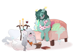 Size: 2500x1900 | Tagged: safe, artist:shady-bush, oc, oc only, oc:eucalyptus, oc:misbeliever, original species, pony, scented pony, book, candle, closed species, female, lying down, male, mare, pillow, prone, simple background, stallion, transparent background