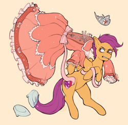 Size: 2300x2250 | Tagged: safe, artist:karamboll, scootaloo, pegasus, pony, g4, angry, clothes, commission, dress, female, glass slipper (footwear), high heels, high res, jewelry, living clothes, non-consensual wearing, scootaloo also dresses in style, shoes, solo, tiara, tomboy taming