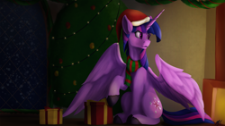 Size: 3840x2160 | Tagged: safe, artist:tenebrisnoctus, twilight sparkle, alicorn, pony, g4, christmas, christmas tree, clothes, female, hat, hearth's warming, high res, holiday, mare, present, santa hat, scarf, sitting, solo, tree, twilight sparkle (alicorn)