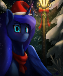 Size: 1800x2160 | Tagged: safe, artist:tenebrisnoctus, princess luna, alicorn, pony, g4, christmas, clothes, female, hat, holiday, lamppost, looking at you, mare, santa hat, scarf, snow, snowfall, solo