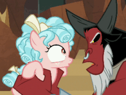 Size: 320x240 | Tagged: safe, screencap, cozy glow, lord tirek, centaur, pegasus, pony, frenemies (episode), g4, abuse, angry, animated, antagonist, chest plate, child abuse, clothes, cozy glow is best facemaker, cozybuse, cropped, curly mane, evil lair, faic, female, filly, freckles, funny, funny face, gif, grogar's lair, horns, lair, male, nose piercing, nose ring, piercing, scarf, septum piercing, shaking, wristband