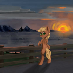 Size: 1280x1280 | Tagged: safe, artist:meodaiduoi, applejack, earth pony, pony, g4, fence, looking at you, looking back, looking back at you, solo, standing, sunset