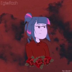 Size: 1080x1080 | Tagged: safe, artist:egtwiflash, edit, twilight sparkle, human, equestria girls, g4, aesthetics, angry, badass, baddie, bored, clothes, female, flower, ponytail, red, solo, sweater