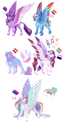 Size: 3900x7500 | Tagged: safe, artist:uunicornicc, rainbow dash, twilight sparkle, oc, oc:bird song, oc:lucky wish, oc:summer ballad, alicorn, pegasus, pony, unicorn, g4, alicorn oc, bisexual pride flag, cloven hooves, colored wings, cutie mark, ear fluff, female, filly, genderfluid pride flag, horn, leonine tail, lesbian, lesbian pride flag, magical lesbian spawn, mare, multicolored wings, offspring, parent:rainbow dash, parent:twilight sparkle, parents:twidash, pride, pride flag, ship:twidash, shipping, simple background, spread wings, tail feathers, twilight sparkle (alicorn), unshorn fetlocks, white background, wings