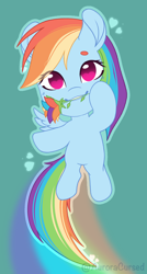 Size: 1060x1976 | Tagged: safe, artist:auroracursed, rainbow dash, pegasus, pony, g4, chibi, cute, dashabetes, female, flower, flower in mouth, flying, heart eyes, mare, mouth hold, rose, simple background, smiling, solo, teeth, wingding eyes