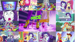 Size: 1989x1113 | Tagged: safe, edit, edited screencap, editor:quoterific, screencap, applejack, fluttershy, lemon zest, pinkie pie, rainbow dash, rarity, sci-twi, sour sweet, sugarcoat, sunny flare, sunset shimmer, twilight sparkle, equestria girls, equestria girls specials, g4, my little pony equestria girls: dance magic, car wash, clothes, converse, crying, dance magic (song), eyes closed, fainting couch, female, food, gasp, glasses, humane seven, humane six, ice cream, one eye closed, open mouth, shocked, shoes, spoon, teeth