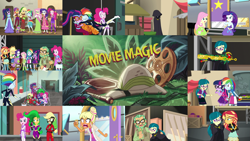 Size: 1966x1105 | Tagged: safe, edit, edited screencap, editor:quoterific, screencap, applejack, canter zoom, chestnut magnifico, fili-second, fluttershy, juniper montage, mane-iac, mistress marevelous, pinkie pie, radiance, rainbow dash, rarity, saddle rager, sci-twi, spike, spike the regular dog, sunset shimmer, twilight sparkle, zapp, dog, equestria girls, g4, movie magic, spoiler:eqg specials, angry, duo, duo female, female, humane five, humane seven, humane six, male, masked matter-horn costume, open mouth, power ponies, tales from canterlot high, trio, trio female, uncle and niece