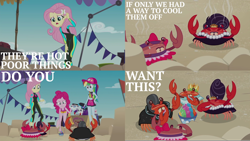 Size: 1986x1117 | Tagged: safe, edit, edited screencap, editor:quoterific, screencap, fluttershy, pinkie pie, rainbow dash, rarity, crab, equestria girls, g4, my little pony equestria girls: better together, too hot to handle, cap, clothes, duo, female, geode of fauna, geode of shielding, geode of sugar bombs, geode of super speed, hat, magical geodes, male, open mouth, snow cone, steam, sweat, swimsuit, teeth