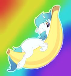 Size: 2401x2561 | Tagged: safe, artist:broken wings, oc, oc only, oc:aurora ise, pony, unicorn, banana, food, gradient background, high res, solo