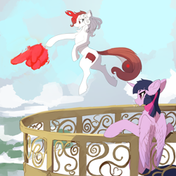Size: 3000x3000 | Tagged: safe, artist:nsilverdraws, twilight sparkle, oc, oc:razlad, alicorn, devil, pony, g4, balcony, canterlot, cigarette, corrupted, disembodied hand, done with your shit, equestria, floating, hand, helix horn, high res, horn, magic finger, pointing, smiling, trading, twilight sparkle (alicorn)