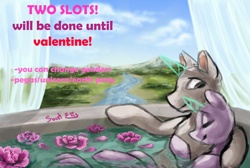 Size: 3232x2171 | Tagged: artist needed, safe, oc, oc only, pony, bath, chillaxing, cloud, commission, couple, cuddling, curtains, eyes closed, flower, forest, high res, mountain, open commission, relaxing, river, romantic, rose, scenery, sky, smiling, water