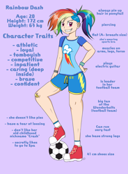 Size: 3085x4198 | Tagged: safe, artist:dreamy990, rainbow dash, human, g4, alternate hairstyle, converse, description, female, football, humanized, shoes, solo