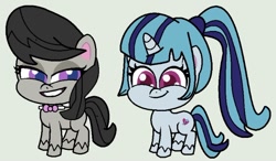 Size: 640x375 | Tagged: safe, artist:jadeharmony, octavia melody, sonata dusk, earth pony, pony, unicorn, g4, g4.5, my little pony: pony life, cute, duo, equestria girls ponified, equestria girls to g4.5, female, g4 to g4.5, gray background, lesbian, mare, ponified, shipping, simple background, sontavia