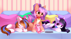 Size: 5222x2871 | Tagged: safe, artist:airiniblock, oc, oc only, oc:breezy, oc:michelle, oc:vesper, earth pony, pegasus, pony, rcf community, chest fluff, collar, couch, high res, pale belly, pegasus oc, pets, plushie, pony oc, sleeping, trio, white belly
