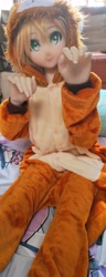 Size: 1779x4640 | Tagged: safe, applejack, big cat, human, lion, g4, barely pony related, bed, humanized, irl, onesie, photo, sex doll