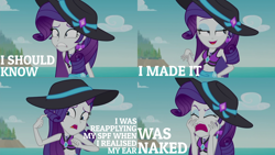 Size: 2000x1125 | Tagged: safe, edit, edited screencap, editor:quoterific, screencap, rarity, equestria girls, g4, lost and found, my little pony equestria girls: better together, belly button, bikini, bikini top, clothes, eyes closed, female, freakout, geode of shielding, hat, magical geodes, marshmelodrama, my ear was naked, open mouth, rarity being rarity, rarity's purple bikini, solo, sun hat, swimsuit, teeth