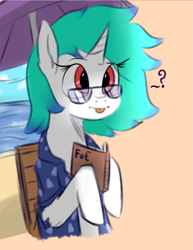 Size: 587x760 | Tagged: safe, oc, oc only, oc:aurora ise, pony, unicorn, beach, book, glasses, sketch, solo, tongue out