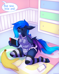 Size: 1047x1300 | Tagged: safe, artist:minettefraise, oc, bat pony, anthro, unguligrade anthro, abdl, adult foal, baby bottle, banana, breasts, butt flap, clothes, diaper, diaper fetish, diaper under clothes, fetish, food, nintendo switch, non-baby in diaper, one eye closed, onesie, pacifier, playmat, plushie, socks, striped socks, thigh highs