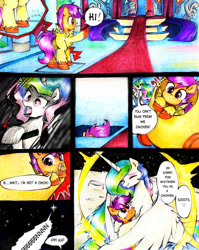 Size: 797x1003 | Tagged: safe, artist:liaaqila, princess celestia, scootaloo, alicorn, pegasus, pony, g4, alektorophobia, animal costume, chicken suit, clothes, comic, costume, crying, cute, cutealoo, cutelestia, dialogue, grammar error, hug, moon, pony cannonball, scared, scaredlestia, scootachicken, smiling, speech bubble, tears of joy, that princess sure is afraid of chickens, throne room, to the moon, traditional art, trap (device), trap door, twinkle in the sky, winghug, wings