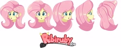 Size: 4096x1634 | Tagged: safe, artist:ribiruby, fluttershy, equestria girls, g4, :o, behind, context in description, female, head only, looking at you, open mouth, side view, simple background, solo, watermark, white background
