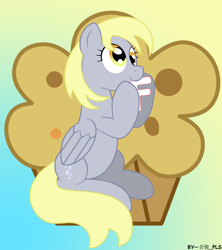 Size: 1600x1800 | Tagged: safe, artist:音悦, derpy hooves, pegasus, pony, g4, belly, female, food, letter, muffin, nom, sitting, solo