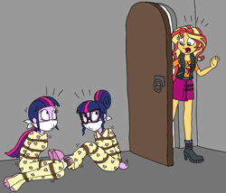 Size: 1864x1593 | Tagged: safe, artist:bugssonicx, sci-twi, sunset shimmer, twilight sparkle, human, equestria girls, g4, arm behind back, basement, bondage, boots, bound and gagged, cloth gag, clothes, female, footed sleeper, footie pajamas, gag, help us, nightgown, onesie, over the nose gag, pajamas, rope, rope bondage, shoes, slippers, socks, tied up, twolight