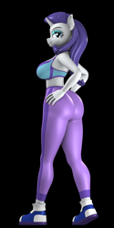 Size: 2000x4000 | Tagged: safe, artist:argos90, rarity, unicorn, anthro, plantigrade anthro, 3d, black background, breasts, busty rarity, butt, clothes, female, hand on hip, leggings, looking at you, no tail, pants, rearity, simple background, solo, sports bra, tight clothing