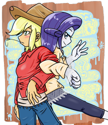 Size: 640x740 | Tagged: safe, artist:batipin, applejack, rarity, equestria girls, g4, blushing, clothes, duo, female, lesbian, linked arms, mouth hold, ship:rarijack, shipping