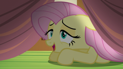 Size: 1920x1080 | Tagged: safe, screencap, fluttershy, pegasus, pony, g4, scare master, female, lidded eyes, mare, on floor, open mouth, out of context, smiling, solo, under the bed