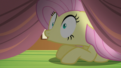 Size: 1920x1080 | Tagged: safe, screencap, fluttershy, pegasus, pony, g4, scare master, female, mare, on floor, solo, under the bed, wide eyes