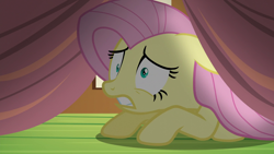 Size: 1920x1080 | Tagged: safe, screencap, fluttershy, pegasus, pony, g4, scare master, female, gritted teeth, mare, scared, solo, under the bed
