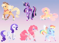 Size: 2585x1885 | Tagged: safe, artist:frostedpuffs, applejack, fluttershy, pinkie pie, rainbow dash, rarity, twilight sparkle, alicorn, earth pony, pegasus, pony, unicorn, g4, alternate design, blaze (coat marking), coat markings, colored hooves, colored wings, cowboy hat, facial markings, feathered fetlocks, gradient background, hat, leonine tail, lidded eyes, looking at you, looking back, mane six, pale belly, raised hoof, raspberry, smiling, socks (coat markings), spread wings, star (coat marking), tongue out, twilight sparkle (alicorn), wings