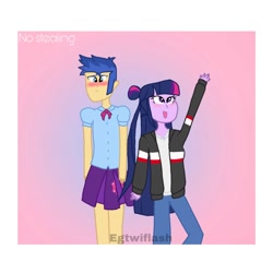 Size: 2000x2000 | Tagged: safe, artist:egtwiflash, edit, flash sentry, twilight sparkle, equestria girls, g4, blushing, clothes, clothes swap, couple, crossdressing, embarrassed, fanfic art, female, happy, high res, love, male, outfit, ponytail, ship:flashlight, shipping, straight, twilight sparkle (alicorn)