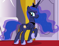 Size: 1102x869 | Tagged: safe, screencap, princess luna, alicorn, pony, a royal problem, g4, butt, cropped, crown, ethereal mane, ethereal tail, female, folded wings, hoof shoes, jewelry, looking back, luna is not amused, mare, moonbutt, peytral, plot, princess shoes, raised hoof, regalia, solo, starry mane, starry tail, swapped cutie marks, tail, unamused, wings