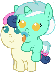 Size: 720x923 | Tagged: safe, artist:red4567, edit, bon bon, lyra heartstrings, sweetie drops, earth pony, pony, unicorn, g4, adorabon, baby, baby pony, background removed, cute, duo, duo female, female, lyra riding bon bon, lyrabetes, pacifier, ponies riding ponies, riding, show accurate, simple background, transparent background, vector