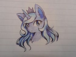 Size: 1712x1279 | Tagged: safe, artist:aleurajan, princess luna, alicorn, pony, g4, bust, female, horn, jewelry, lined paper, mare, s1 luna, solo, tiara, traditional art
