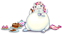 Size: 500x275 | Tagged: artist needed, safe, oc, oc only, pegasus, pony, cake, cookie, cup, cute, dexterous hooves, eating, fat, food, obese, teacup, teapot
