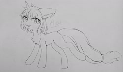 Size: 2156x1279 | Tagged: safe, artist:aleurajan, oc, oc only, pony, unicorn, chest fluff, female, horn, lineart, mare, monochrome, smiling, solo, traditional art, unicorn oc