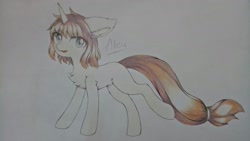 Size: 2275x1279 | Tagged: safe, alternate version, artist:aleurajan, oc, oc only, pony, unicorn, chest fluff, colored, female, horn, mare, smiling, solo, traditional art, unicorn oc