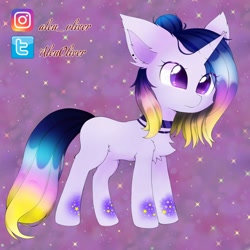 Size: 2000x2000 | Tagged: safe, artist:aleurajan, oc, oc only, pony, unicorn, abstract background, chest fluff, choker, ear piercing, female, high res, horn, mare, piercing, smiling, solo, unicorn oc