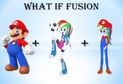 Size: 1280x868 | Tagged: safe, artist:daniotheman, artist:selenaede, artist:sugar-loop, rainbow dash, human, equestria girls, g4, barely eqg related, base used, cap, clothes, crossover, female, football, fusion, gloves, hat, long sleeved shirt, long sleeves, male, maridash, mario, mario's hat, nintendo, overalls, red hat, shirt, shoes, super mario bros., undershirt