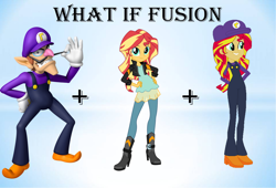 Size: 1280x868 | Tagged: safe, artist:daniotheman, artist:selenaede, artist:sugar-loop, sunset shimmer, human, equestria girls, g4, barely eqg related, base used, clothes, crossover, female, fusion, gloves, hand on hip, hands behind back, long sleeved shirt, long sleeves, male, nintendo, overalls, purple hat, shirt, shoes, super mario bros., undershirt, waluigi, waluigi's hat, waluset