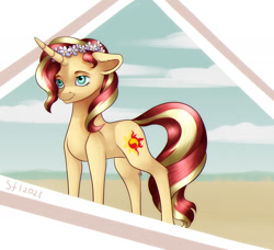 Size: 2000x1825 | Tagged: safe, artist:brilliant-luna, sunset shimmer, pony, unicorn, g4, abstract background, cloud, female, flower, solo