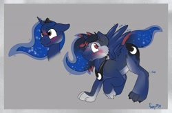 Size: 3055x2000 | Tagged: safe, artist:foxxy-arts, princess luna, oc, oc:zeydaan, alicorn, pony, wolf, g4, character to character, cute, furry, furry to pony, high res, lunabetes, male to female, rule 63, solo, transformation, transgender transformation