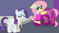 Size: 2400x1350 | Tagged: safe, artist:sweetielover, fluttershy, rarity, pegasus, pony, unicorn, g4, boutique, clothes, diaper, diaper fetish, diaper under clothes, dress, eyes closed, female, fetish, flower, flower in hair, mare, measuring tape, non-baby in diaper, poofy diaper, shoes, smiling