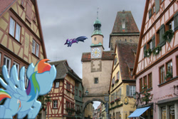 Size: 600x400 | Tagged: safe, edit, vector edit, mare do well, rainbow dash, pegasus, pony, g4, chase, germany, irl, leaping, photo, ponies in real life, rothenburg ob der tauber, vector, village