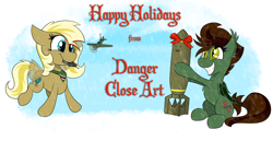 Size: 3100x1600 | Tagged: safe, artist:dangercloseart, oc, oc only, oc:dive siren, oc:kitty hawk, bat pony, pegasus, pony, christmas, cute, duo, eeee, female, filly, holding, holiday, plane, present, rc, remote control, simple background, smiling, smol, white background