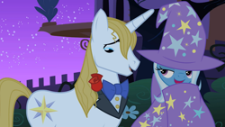 Size: 7168x4032 | Tagged: safe, artist:dashiesparkle edit, edit, edited screencap, screencap, prince blueblood, trixie, pony, a matter of principals, g4, the best night ever, .svg available, absurd resolution, cape, clothes, female, flirting, flower, hat, male, night, rose, ship:bluetrix, shipping, straight, trixie's cape, trixie's hat, vector