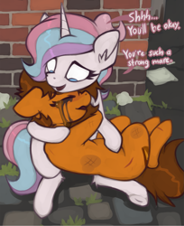 Size: 1563x1916 | Tagged: safe, artist:marsminer, oc, oc only, oc:lullaby star, oc:venus spring, earth pony, pony, unicorn, bruised, comforting, commission, crying, derail in the comments, duo, female, injured